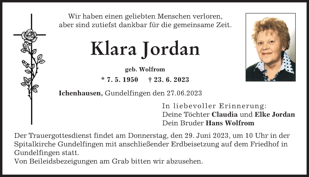 Traueranzeige von Klara Jordan von Günzburger Zeitung, Donau Zeitung
