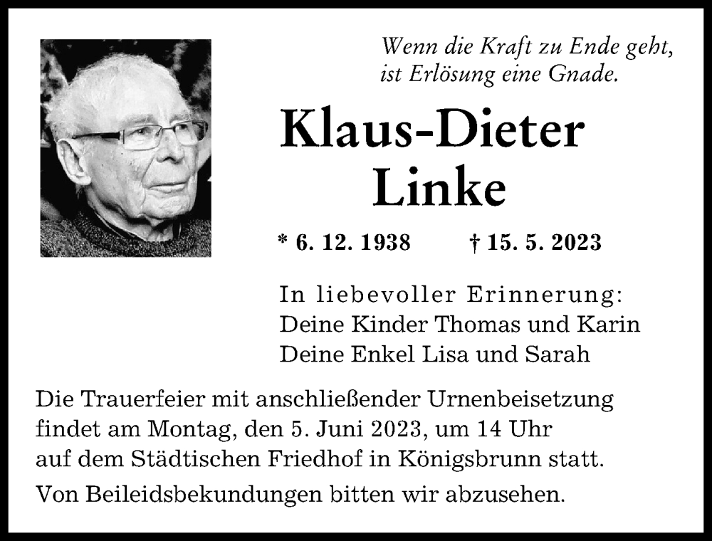  Traueranzeige für Klaus-Dieter Linke vom 02.06.2023 aus Augsburger Allgemeine