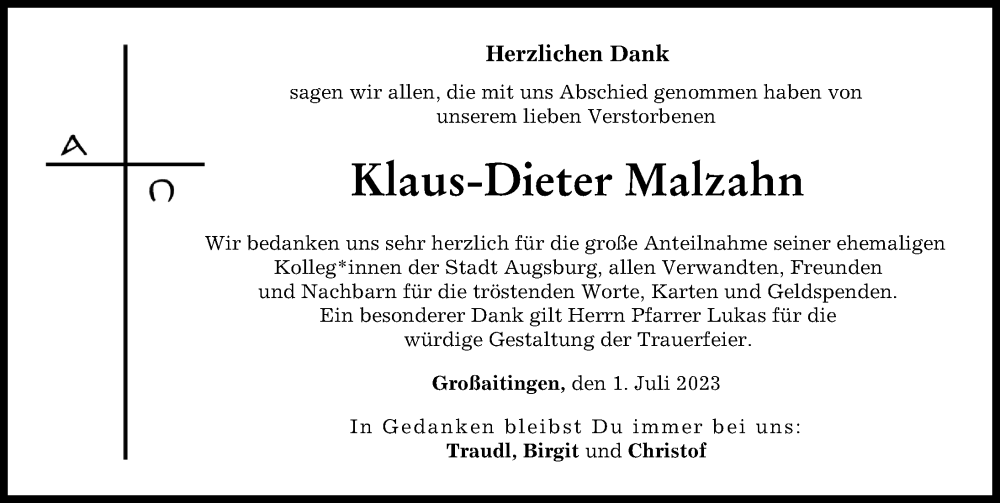 Traueranzeige von Klaus-Dieter Malzahn von Schwabmünchner Allgemeine