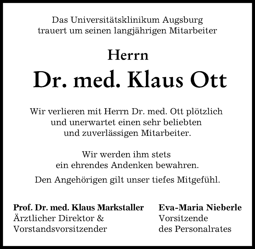 Traueranzeige von Klaus Ott von Augsburger Allgemeine