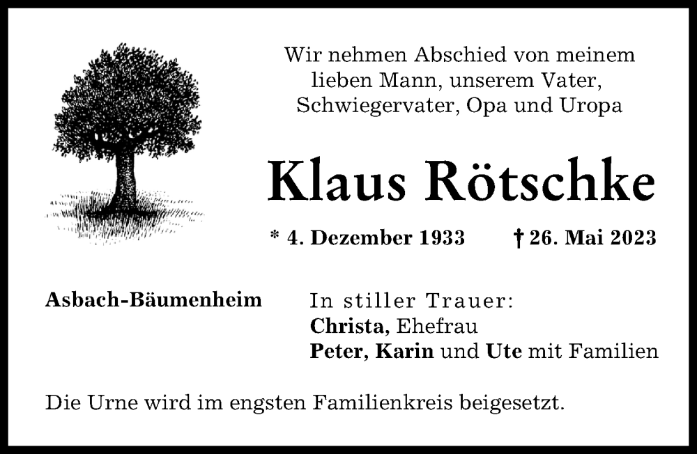  Traueranzeige für Klaus Rötschke vom 02.06.2023 aus Donauwörther Zeitung
