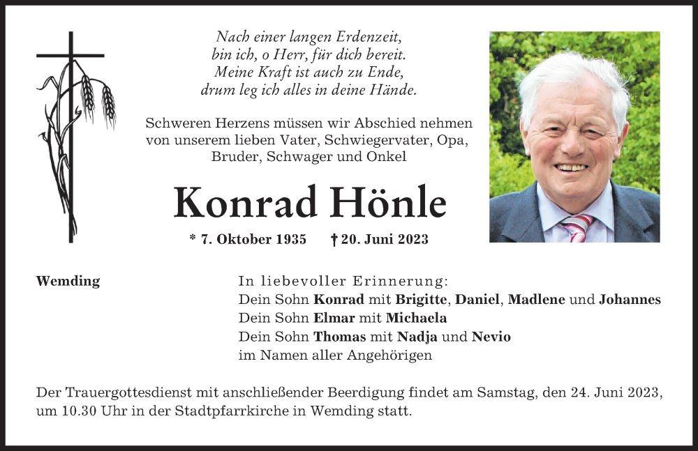 Traueranzeige von Konrad Hönle von Donauwörther Zeitung