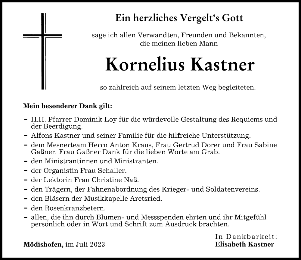 Traueranzeige von Kornelius Kastner von Augsburger Allgemeine