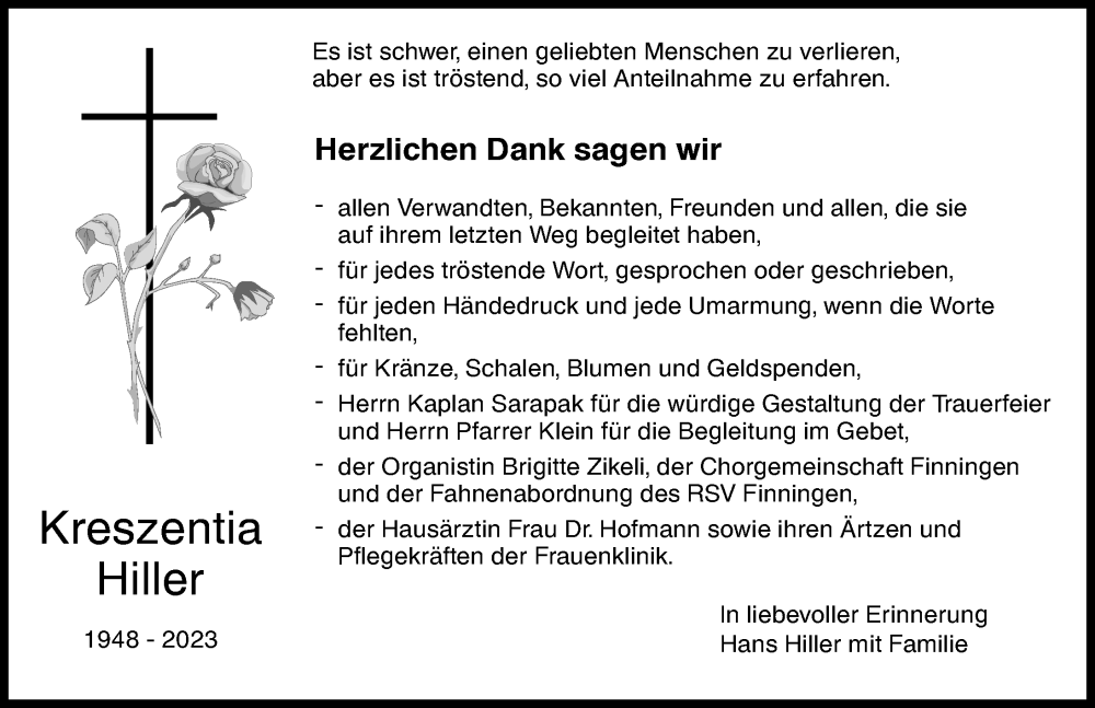  Traueranzeige für Kreszentia Hiller vom 22.06.2023 aus Augsburger Allgemeine, Neu-Ulmer Zeitung