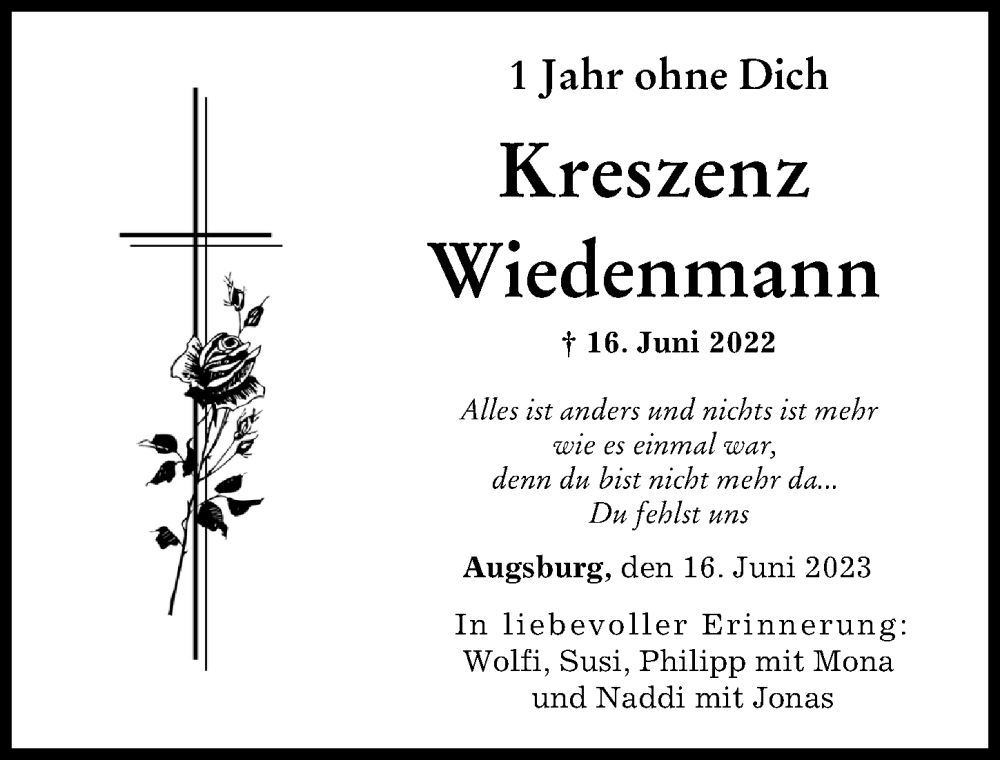 Traueranzeige von Kreszenz Wiedenmann von Augsburger Allgemeine