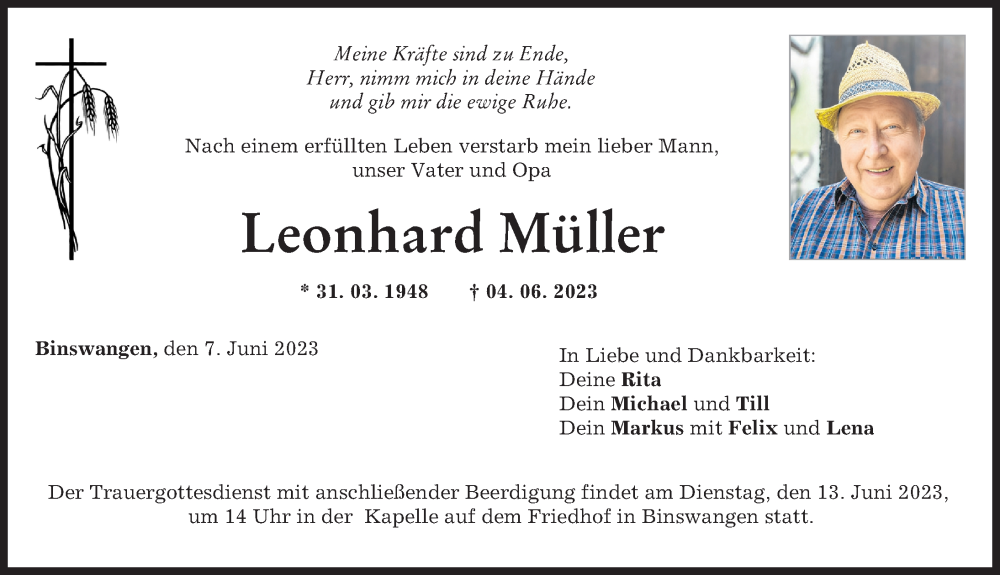 Traueranzeige von Leonhard Müller von Wertinger Zeitung