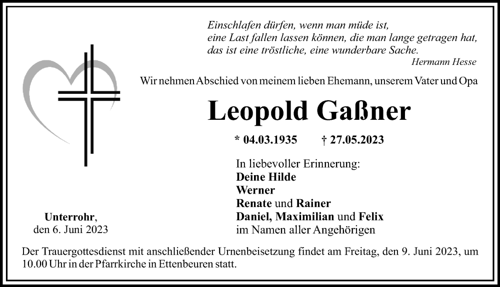  Traueranzeige für Leopold Gaßner vom 06.06.2023 aus Günzburger Zeitung