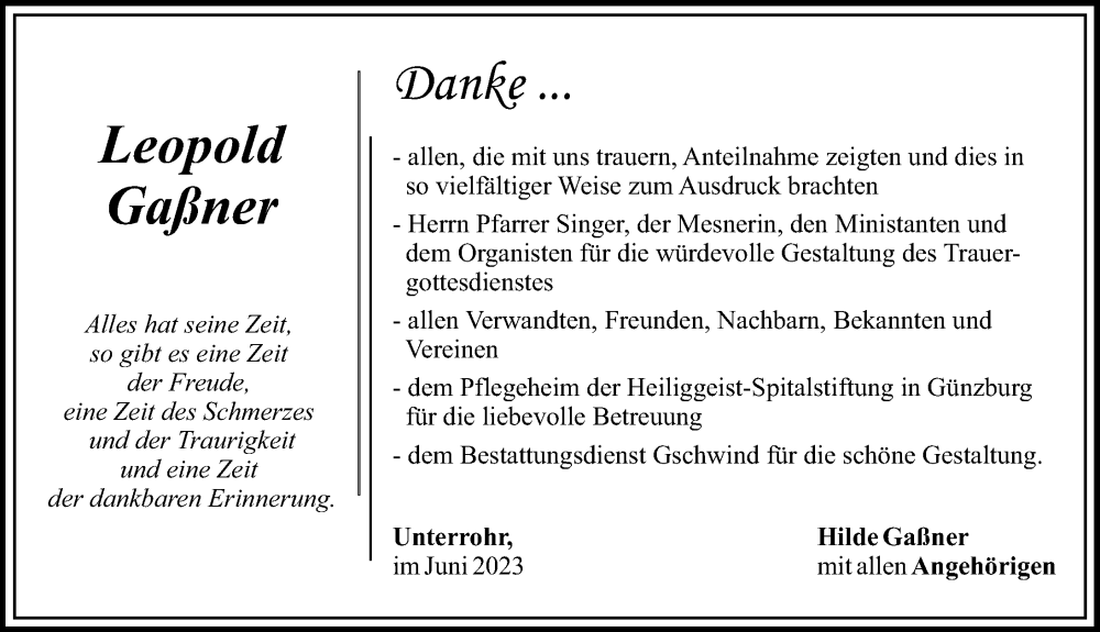  Traueranzeige für Leopold Gaßner vom 17.06.2023 aus Günzburger Zeitung