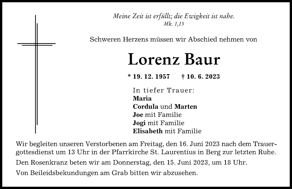 Traueranzeige von Lorenz Baur von Donauwörther Zeitung