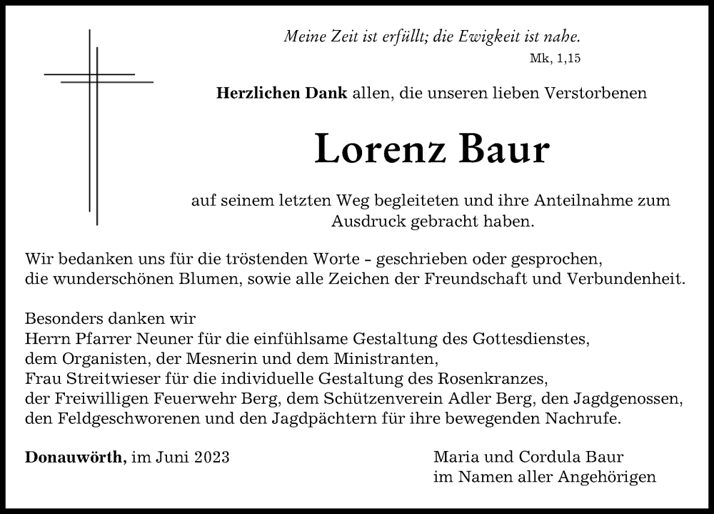 Traueranzeige von Lorenz Baur von Donauwörther Zeitung