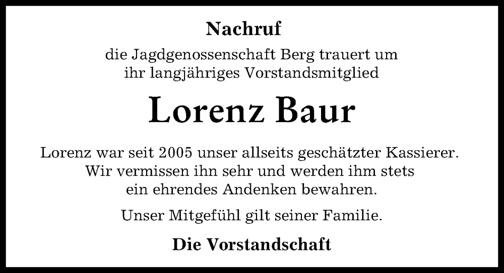 Traueranzeige von Lorenz Baur von Donauwörther Zeitung