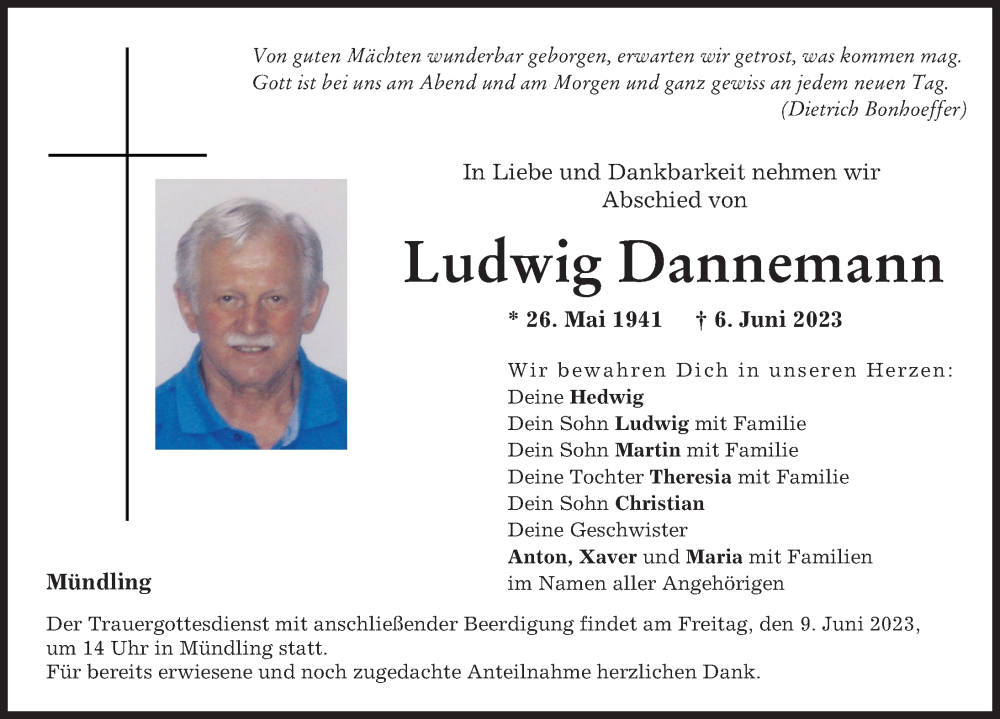  Traueranzeige für Ludwig Dannemann vom 07.06.2023 aus Donauwörther Zeitung