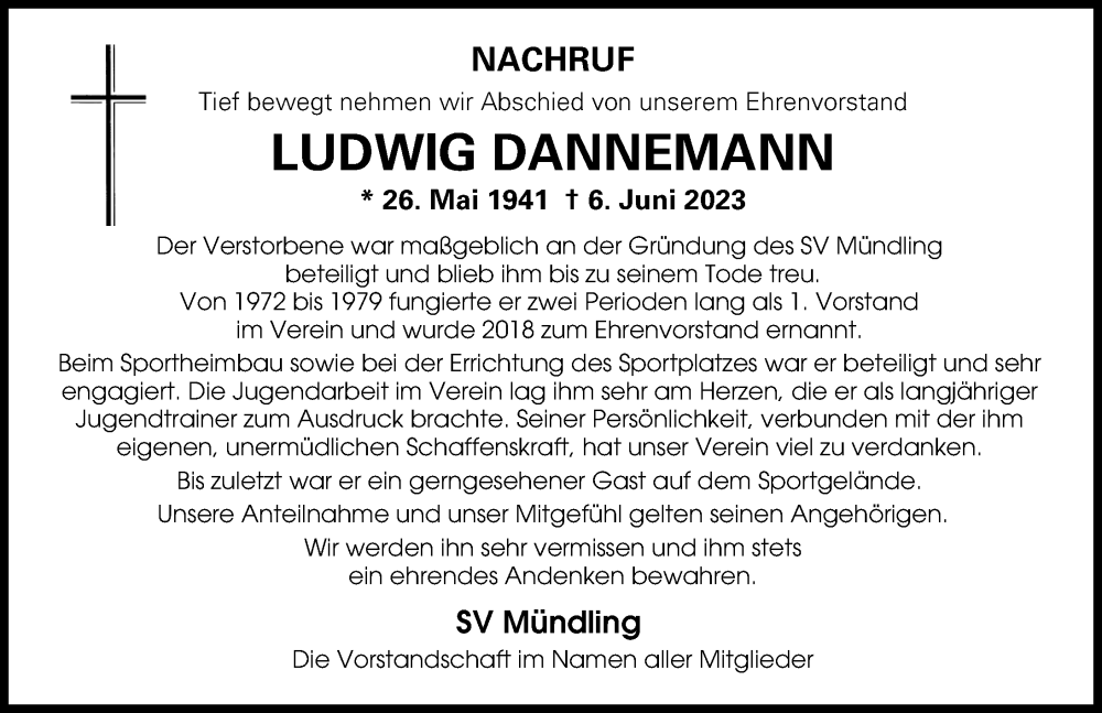 Traueranzeige für Ludwig Dannemann vom 10.06.2023 aus Donauwörther Zeitung