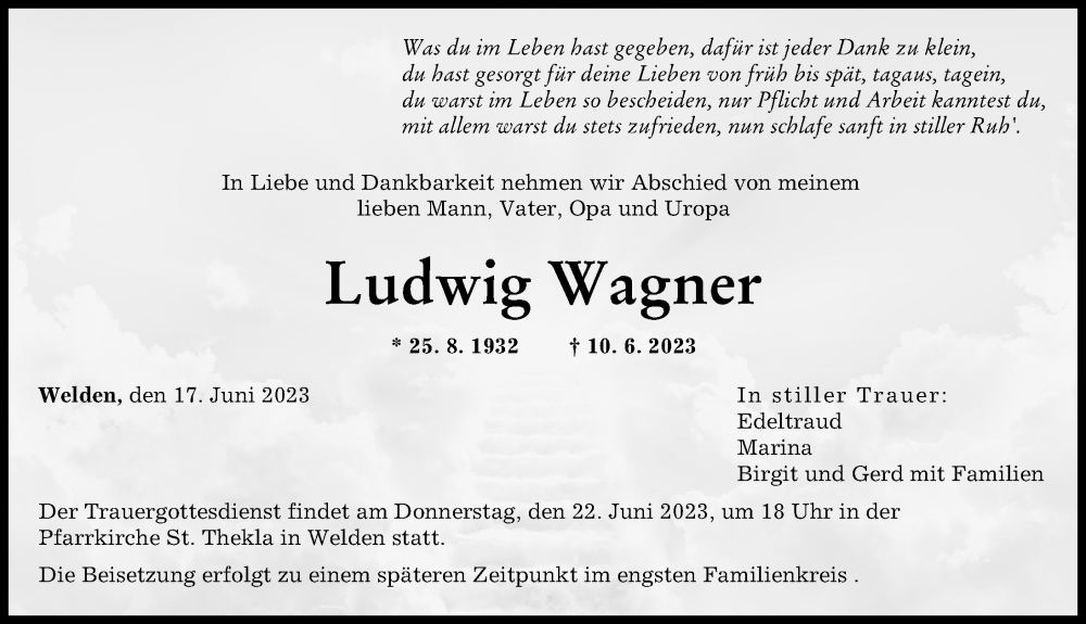  Traueranzeige für Ludwig Wagner vom 17.06.2023 aus Augsburg-Land