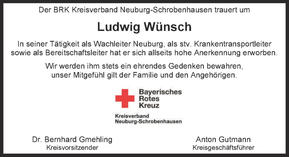  Traueranzeige für Ludwig Wünsch vom 10.06.2023 aus Neuburger Rundschau