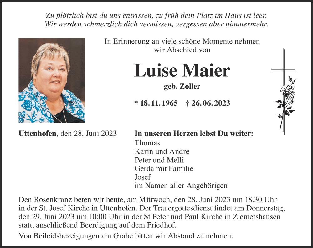 Traueranzeige von Luise Maier von Augsburg-Land, Mittelschwäbische Nachrichten