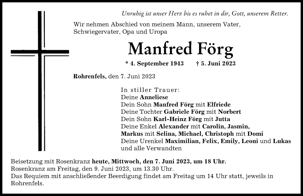  Traueranzeige für Manfred Förg vom 07.06.2023 aus Neuburger Rundschau