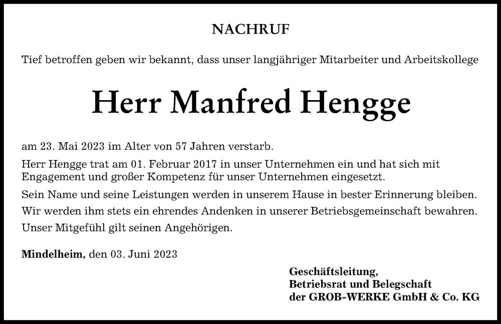  Traueranzeige für Manfred Hengge vom 03.06.2023 aus Mindelheimer Zeitung