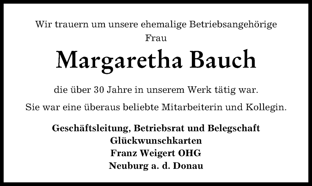  Traueranzeige für Margaretha Bauch vom 07.06.2023 aus Neuburger Rundschau
