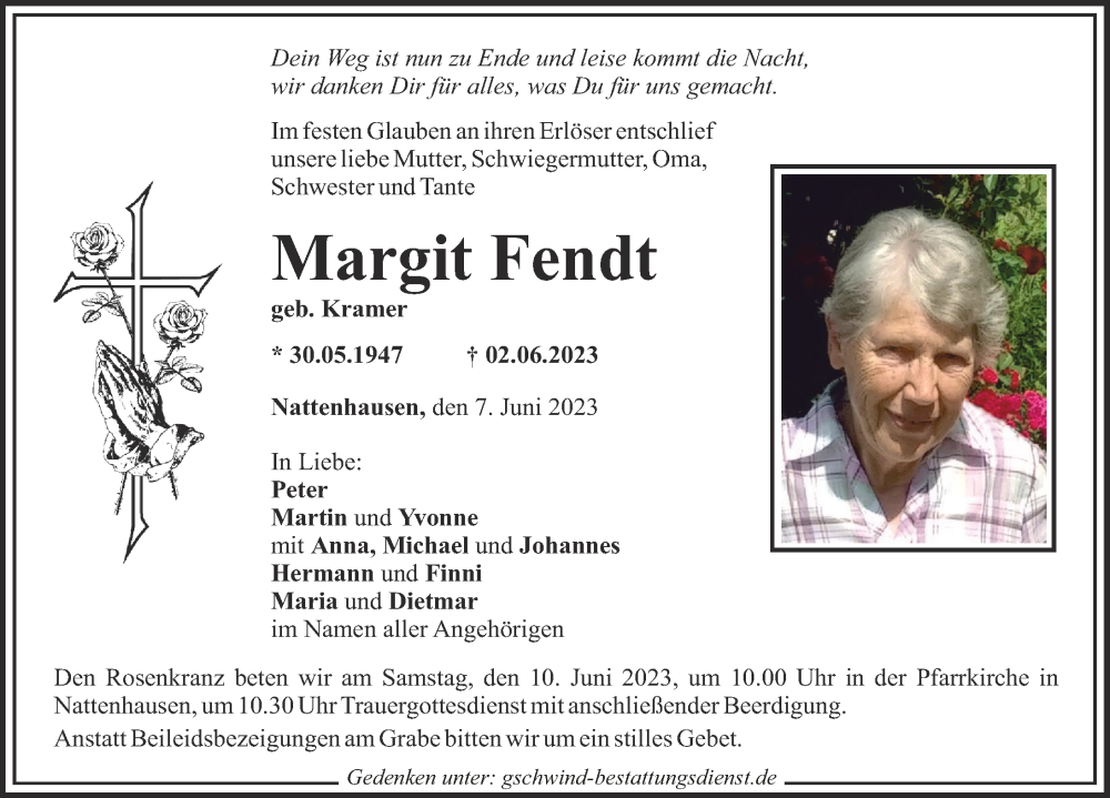 Traueranzeige von Margit Fendt von Mittelschwäbische Nachrichten