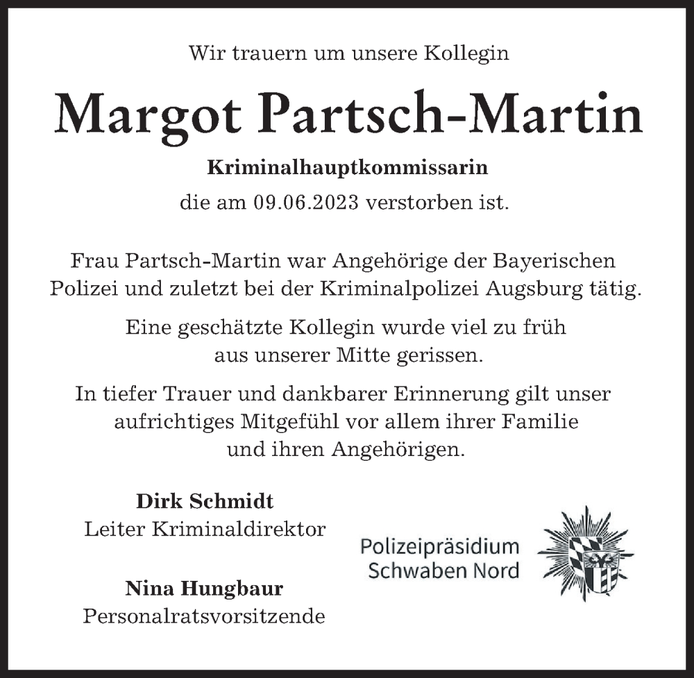  Traueranzeige für Margot Partsch-Martin vom 23.06.2023 aus Donauwörther Zeitung, Augsburger Allgemeine