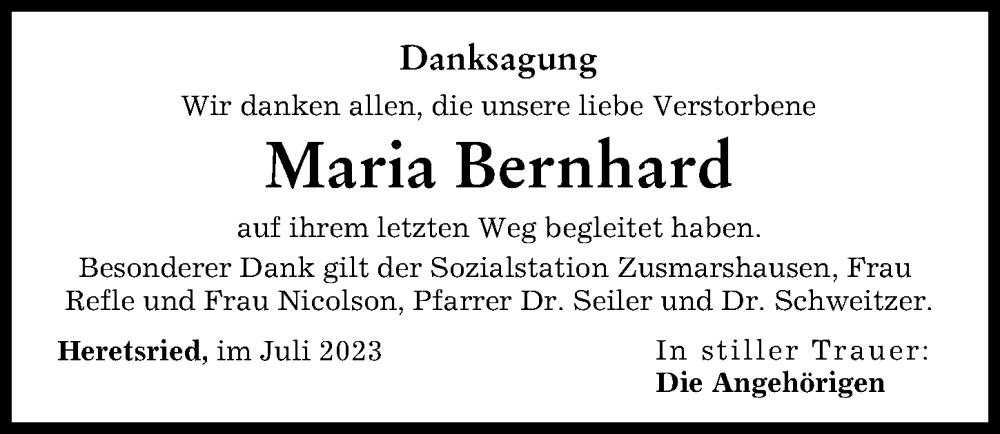  Traueranzeige für Maria Bernhard vom 01.07.2023 aus Augsburg-Land