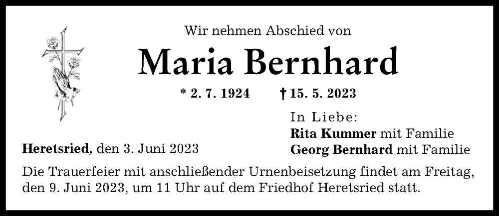  Traueranzeige für Maria Bernhard vom 03.06.2023 aus Augsburg-Land