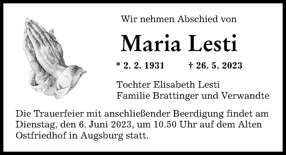  Traueranzeige für Maria Lesti vom 03.06.2023 aus Augsburger Allgemeine
