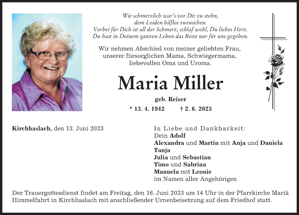 Traueranzeigen Von Maria Miller Augsburger Allgemeine Zeitung