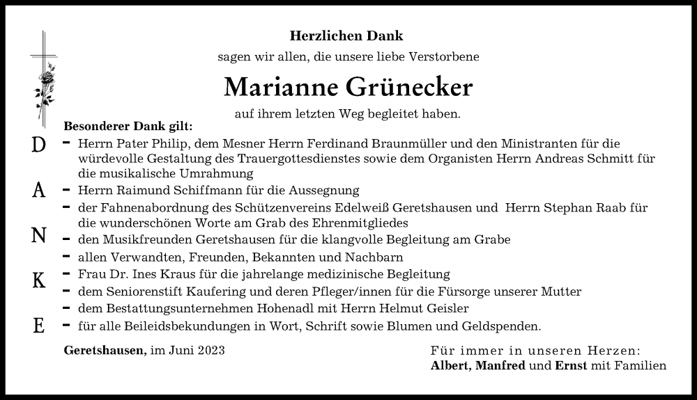  Traueranzeige für Marianne Grünecker vom 02.06.2023 aus Landsberger Tagblatt