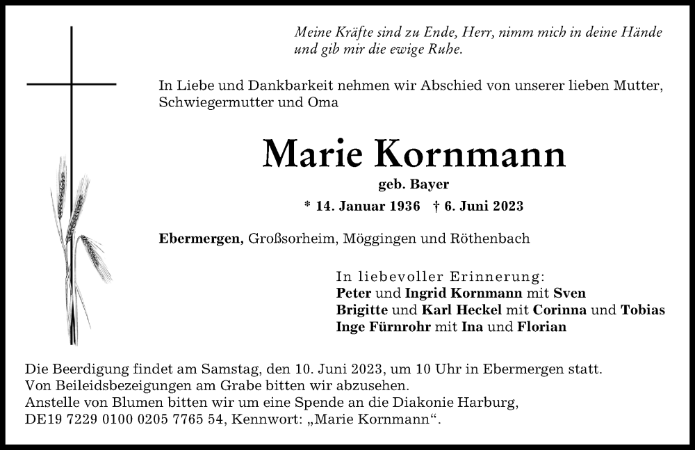 Traueranzeige von Marie Kornmann von Donauwörther Zeitung