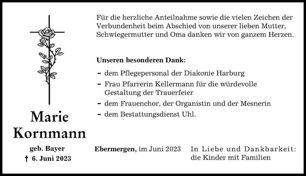 Traueranzeige von Marie Kornmann von Donauwörther Zeitung