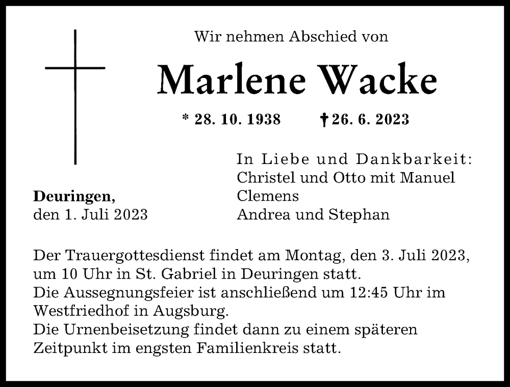 Traueranzeige von Marlene Wacke von Augsburger Allgemeine