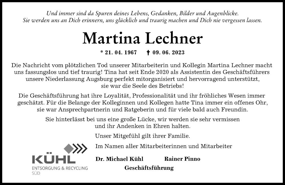 Traueranzeige von Martina Lechner von Augsburger Allgemeine