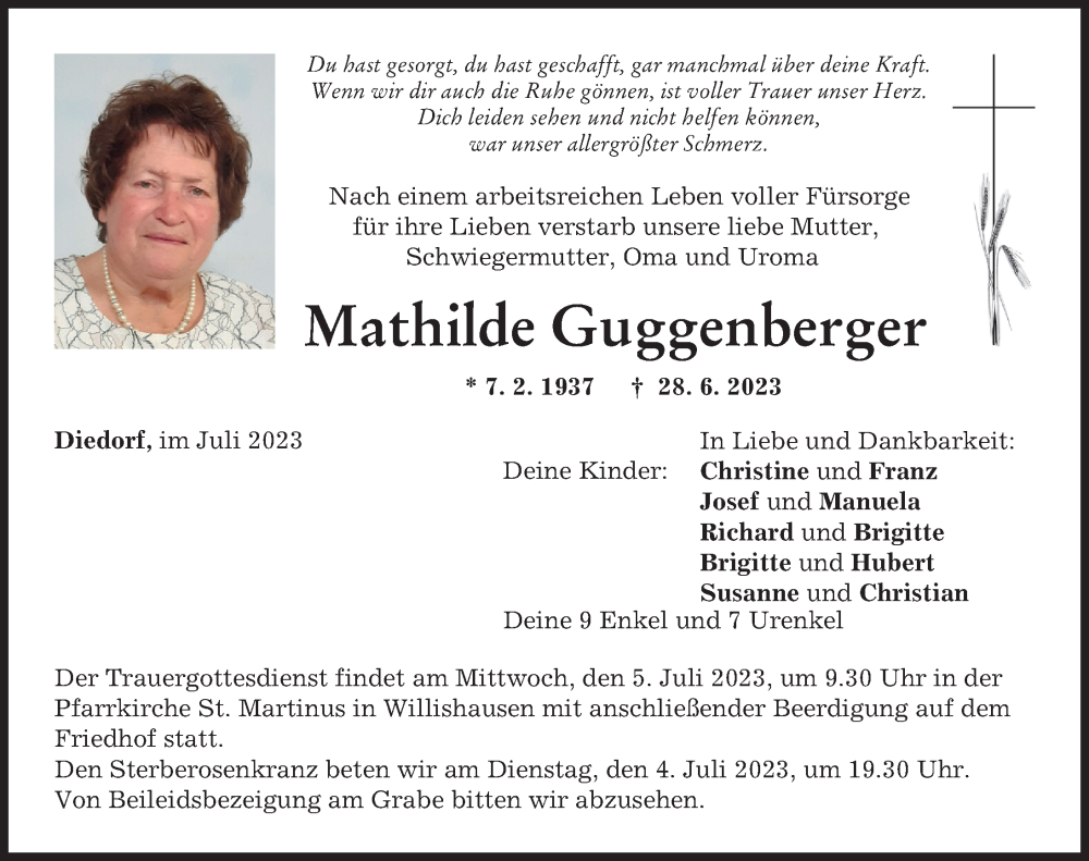 Traueranzeigen von Mathilde Guggenberger | Augsburger Allgemeine Zeitung