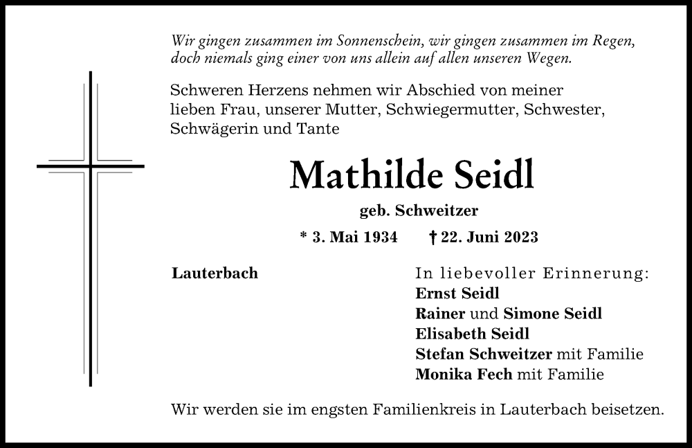 Traueranzeigen von Mathilde Seidl | Augsburger Allgemeine Zeitung