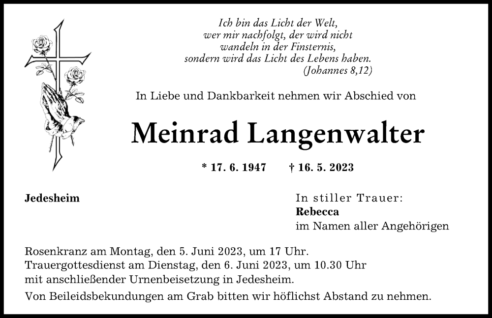  Traueranzeige für Meinrad Langenwalter vom 03.06.2023 aus Illertisser Zeitung