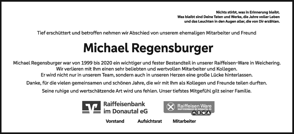  Traueranzeige für Michael Regensburger vom 02.06.2023 aus Neuburger Rundschau