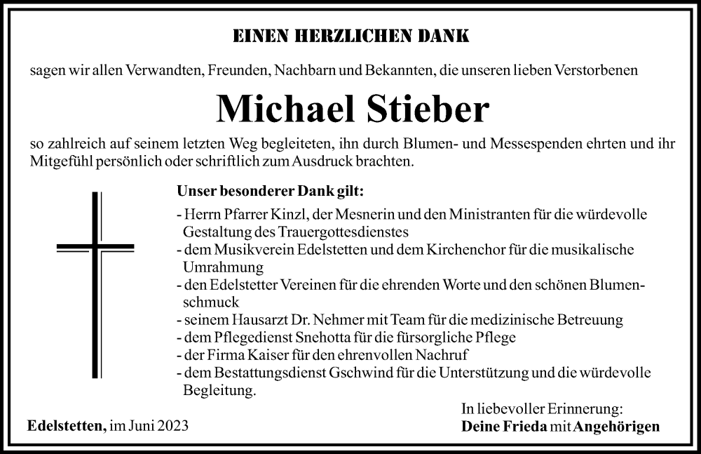  Traueranzeige für Michael Stieber vom 16.06.2023 aus Mittelschwäbische Nachrichten
