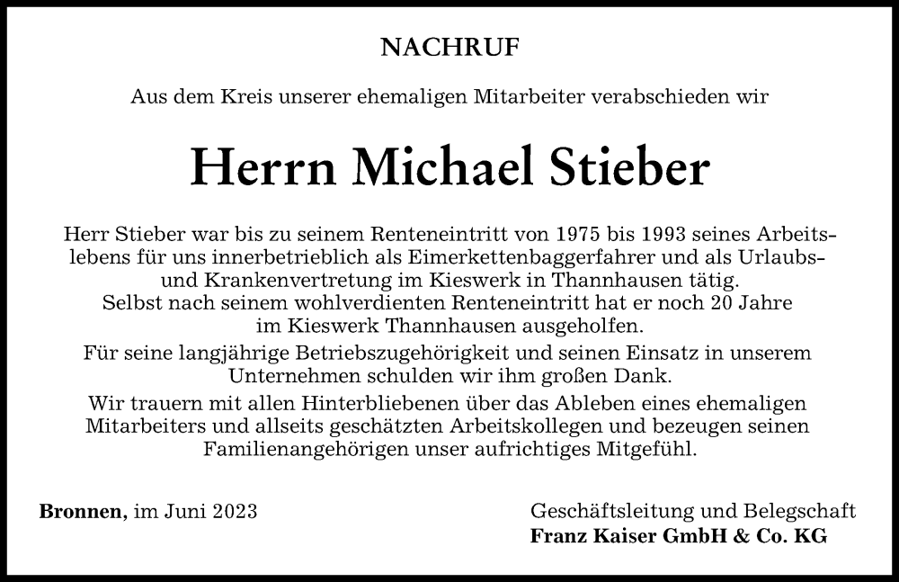 Traueranzeige von Michael Stieber von Mittelschwäbische Nachrichten