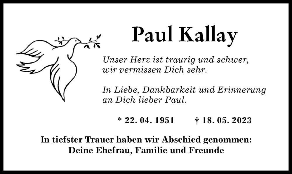  Traueranzeige für Paul Kallay vom 03.06.2023 aus Mindelheimer Zeitung, Augsburger Allgemeine