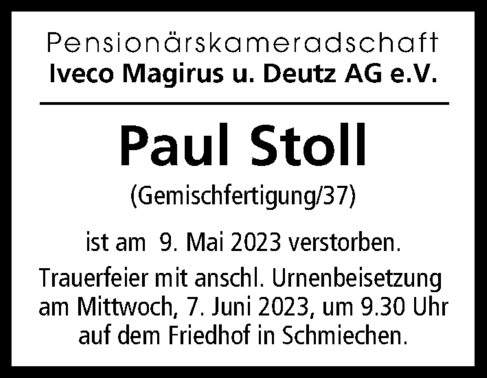  Traueranzeige für Paul Stoll vom 03.06.2023 aus Illertisser Zeitung, Günzburger Zeitung, Neu-Ulmer Zeitung