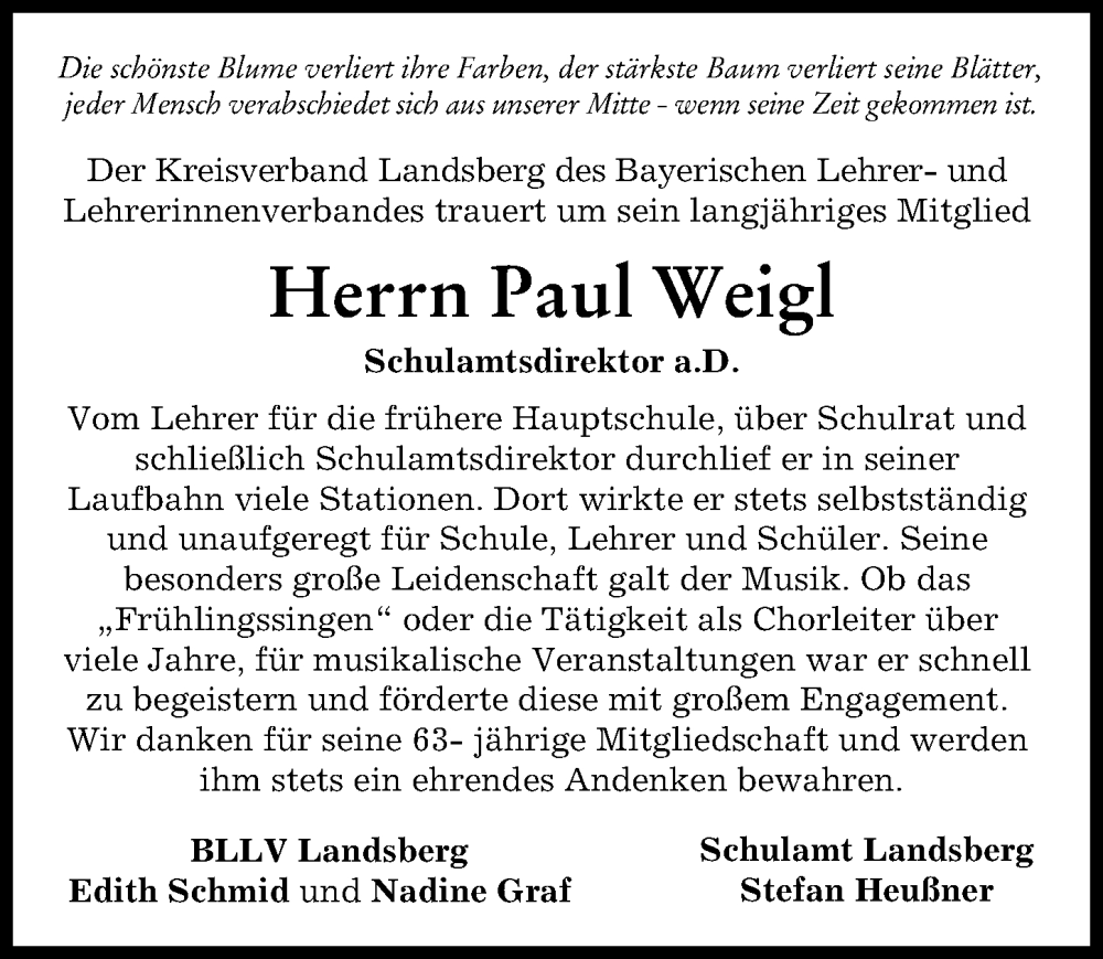 Traueranzeige von Paul Weigl von Landsberger Tagblatt