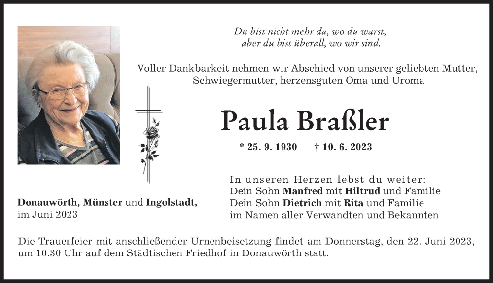 Traueranzeige von Paula Braßler von Donauwörther Zeitung