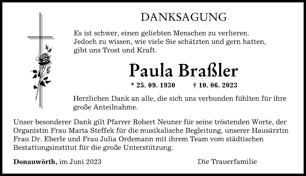 Traueranzeige von Paula Braßler von Donauwörther Zeitung