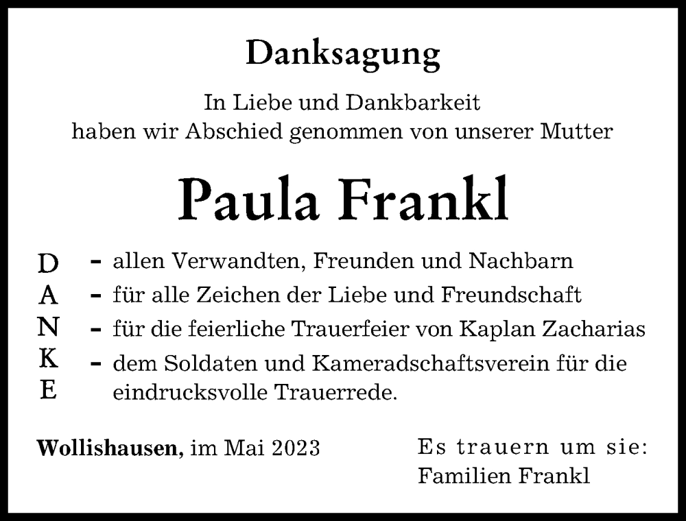 Traueranzeige von Paula Frankl von Augsburg-Land