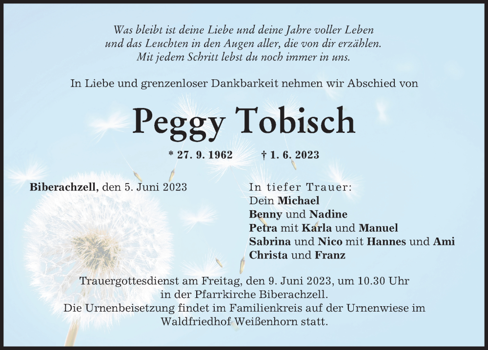 Traueranzeige von Peggy Tobisch von Neu-Ulmer Zeitung
