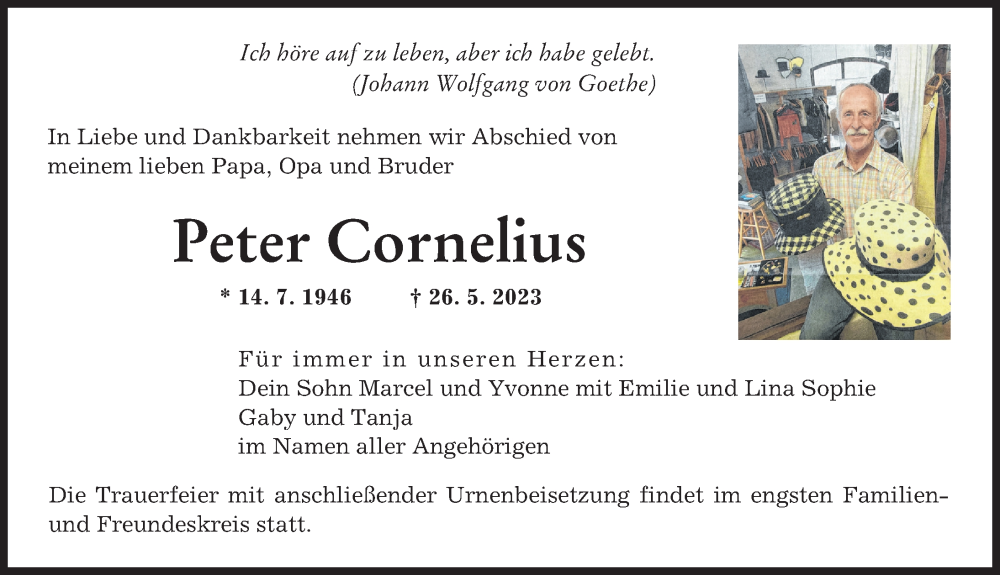  Traueranzeige für Peter Cornelius vom 03.06.2023 aus Augsburger Allgemeine
