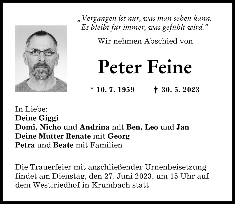 Traueranzeige von Peter Feine von Mittelschwäbische Nachrichten
