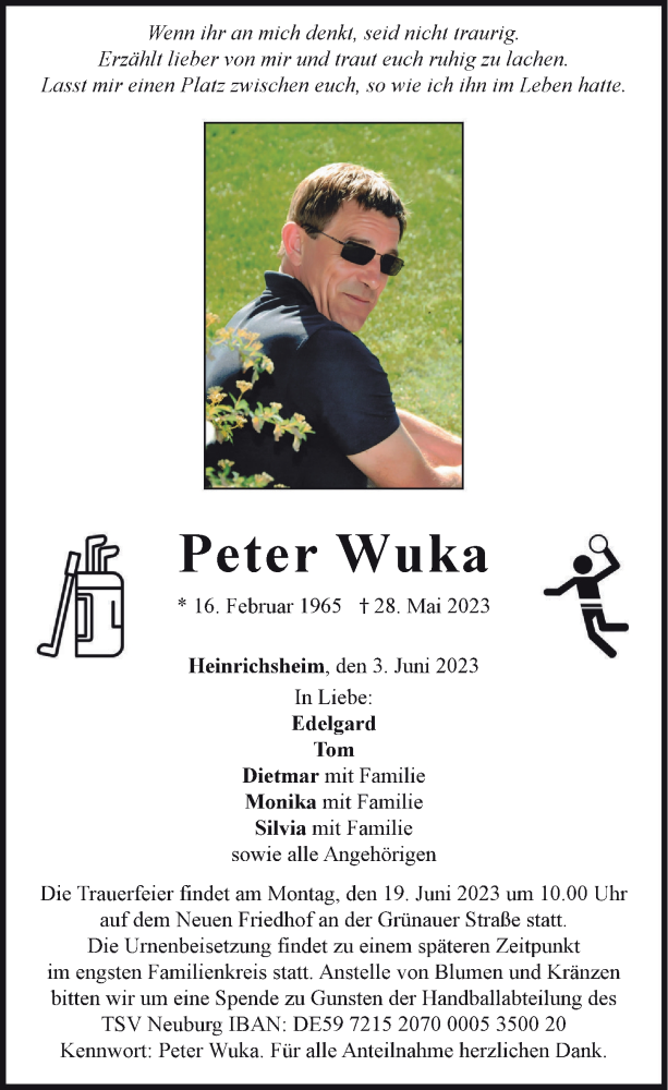  Traueranzeige für Peter Wuka vom 03.06.2023 aus Neuburger Rundschau